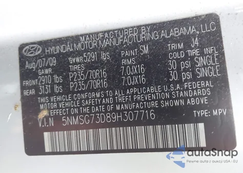 2009 Hyundai Santa Fe Gls z USA, uszkodzony, nr VIN 5NMSG73D89H307716